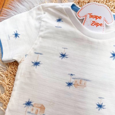  Conj. Camiseta Coqueiros e Bermuda - Off White e Azul Jeans